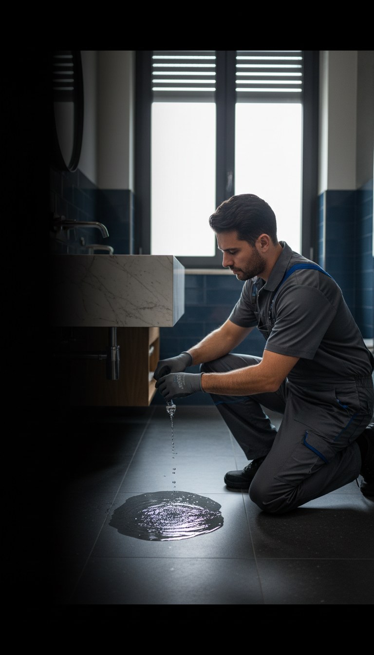 Tecnico idraulico SP Casa Group interviene su una perdita d'acqua sotto il lavabo in un bagno moderno a Roma